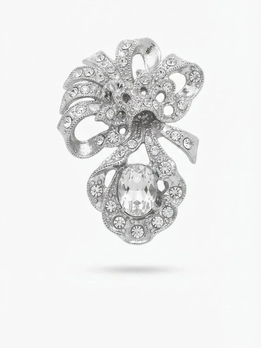Vintage Silver-Tone Crystal Bow and Droplet Brooch | Retro Rhinestone Scarf Clip